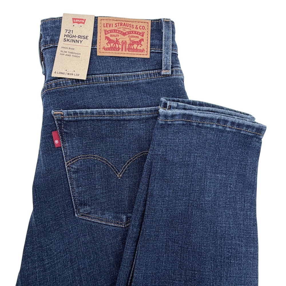 Levis 721 High Rise Skinny Womens W28/L32- 6 Long Blue NewWT Distressed